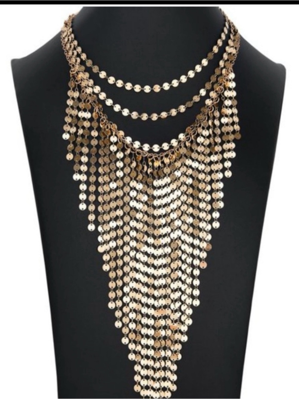 Gold Layered Sequin Fringe Statement Necklace & earring set nwt the Suz “